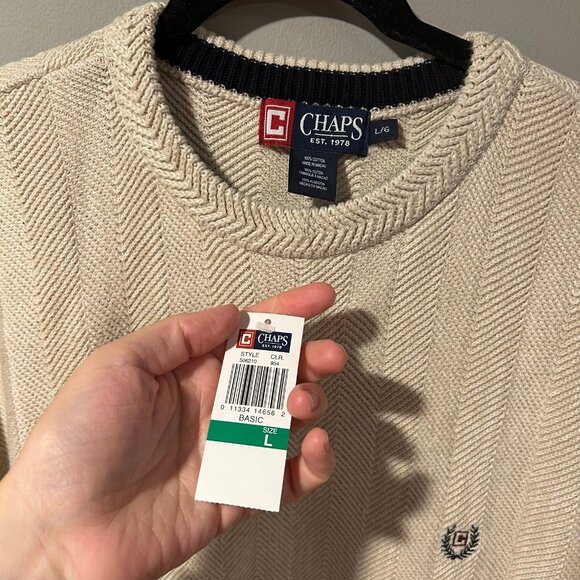 NWT Chaps Sweater Cream Mens Crewneck Large 100% Cotton NEW - Picture 4 of 9